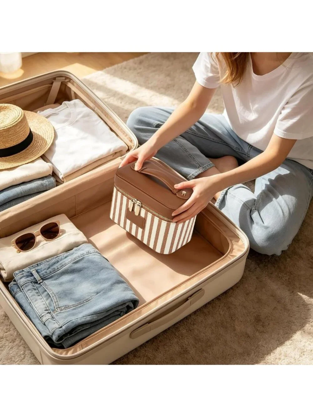 Stylish Waterproof Makeup Bag - Travel Toiletry Organizer with Brush Holder